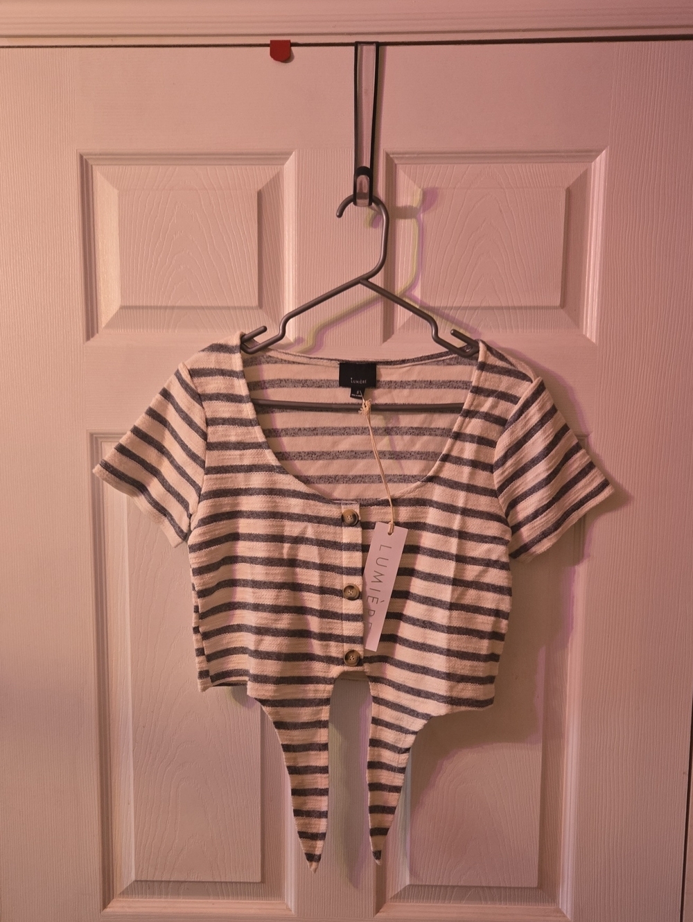 Lumiere Button-Front Striped Tie-Hem Crop Top - White & Gray